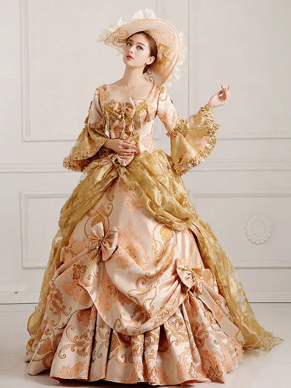 Rococo Victorian Dress Floral Print Lace 3/4-Length Sleeve Deep Apricot Classical Lolita Dress
