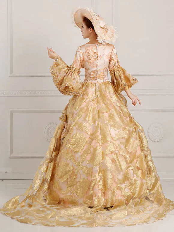 Rococo Victorian Dress Floral Print Lace 3/4-Length Sleeve Deep Apricot Classical Lolita Dress
