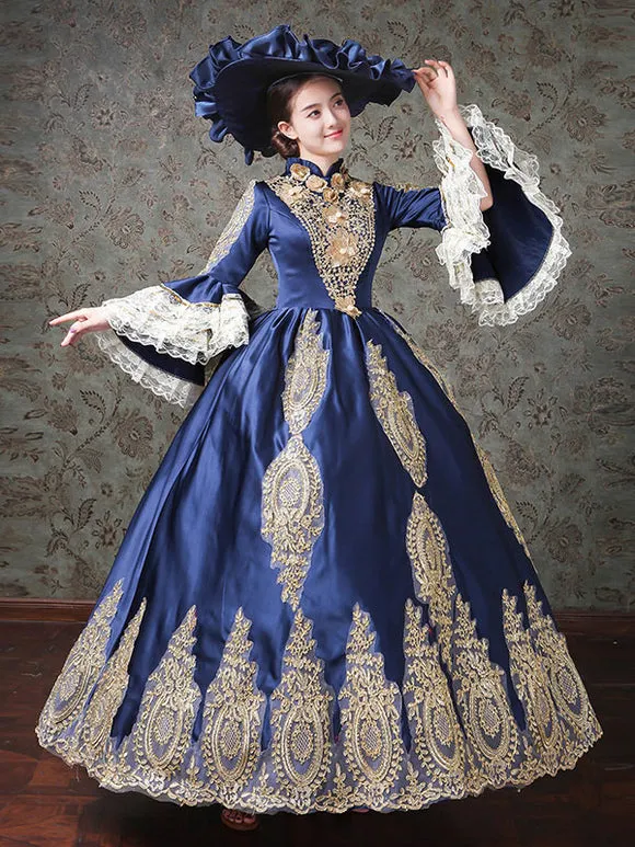 Rococo Victorian Dress Lace Long Sleeve Blue Classical Lolita Dress