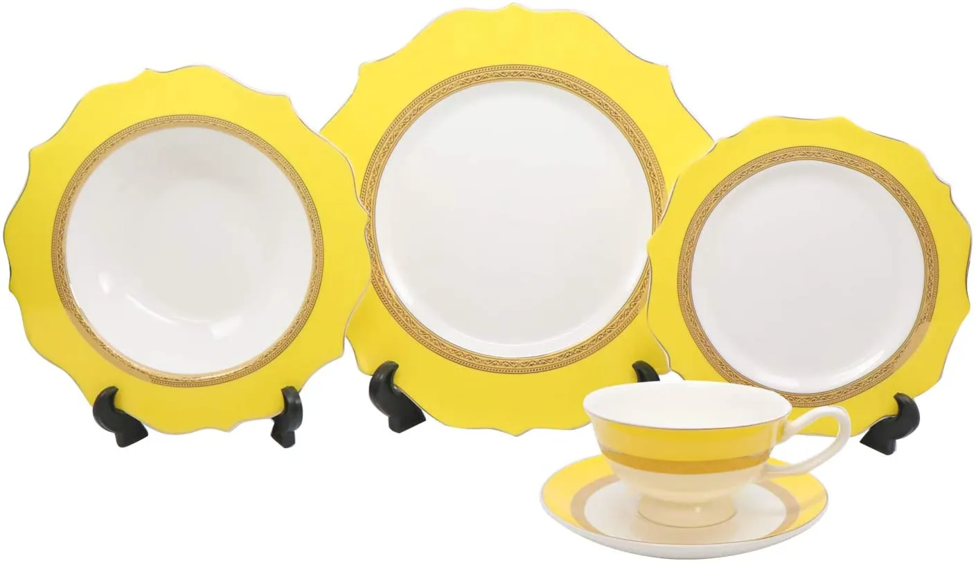 Royalty Porcelain 20 Pc 'Honey' Luxury Yellow Dinner Set, Premium Bone China