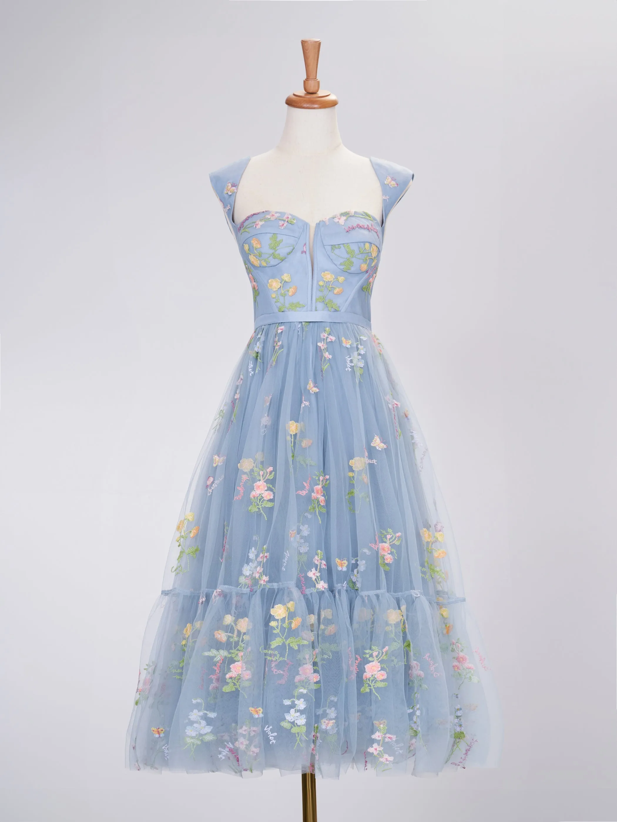 Roycebridal A Line Sweetheart Dusty Blue Long Prom Dress with Embroidery
