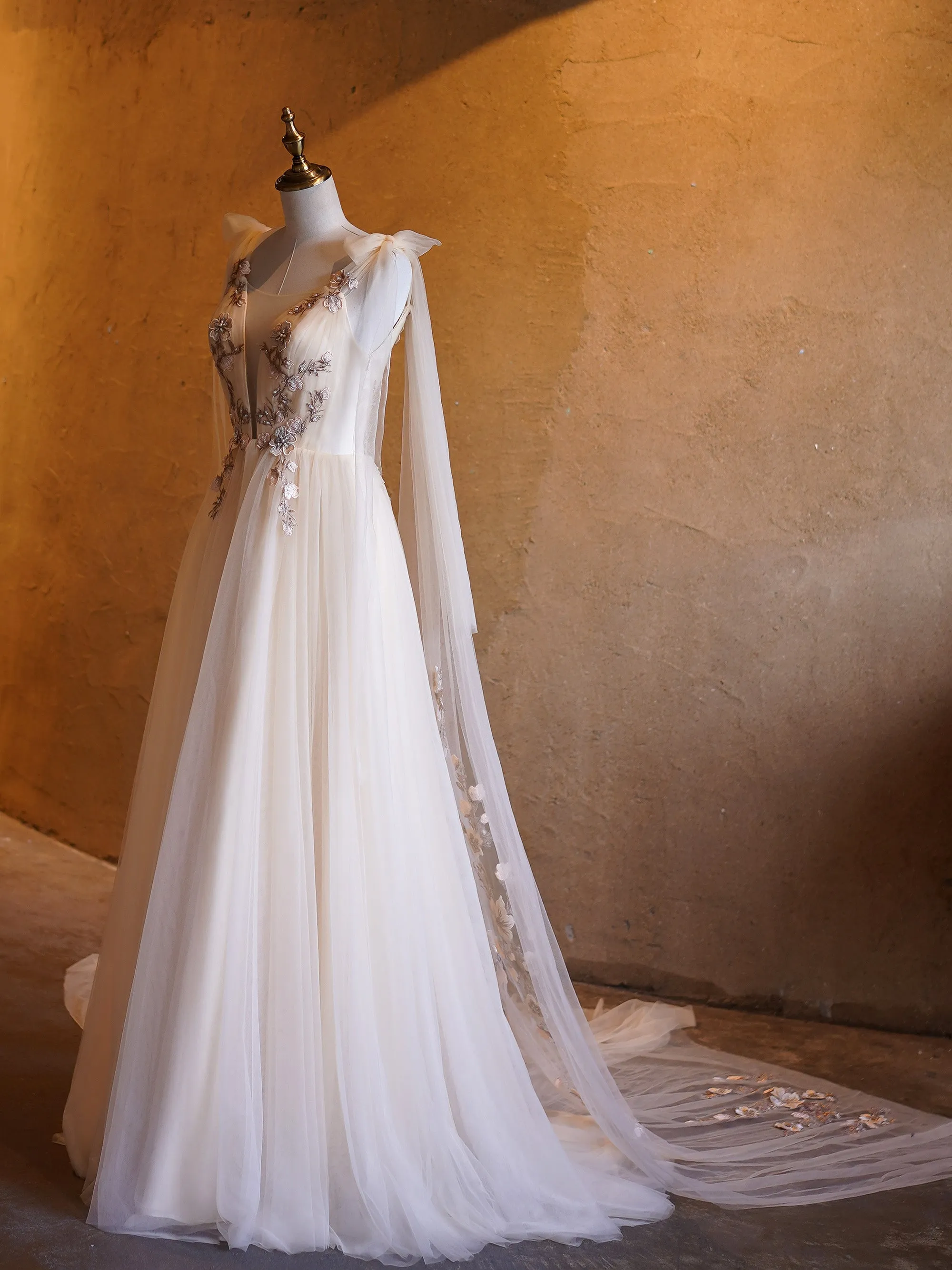 Roycebridal A-line Tulle Embroidery Deep-V Neck Floor-Length Prom Dresses