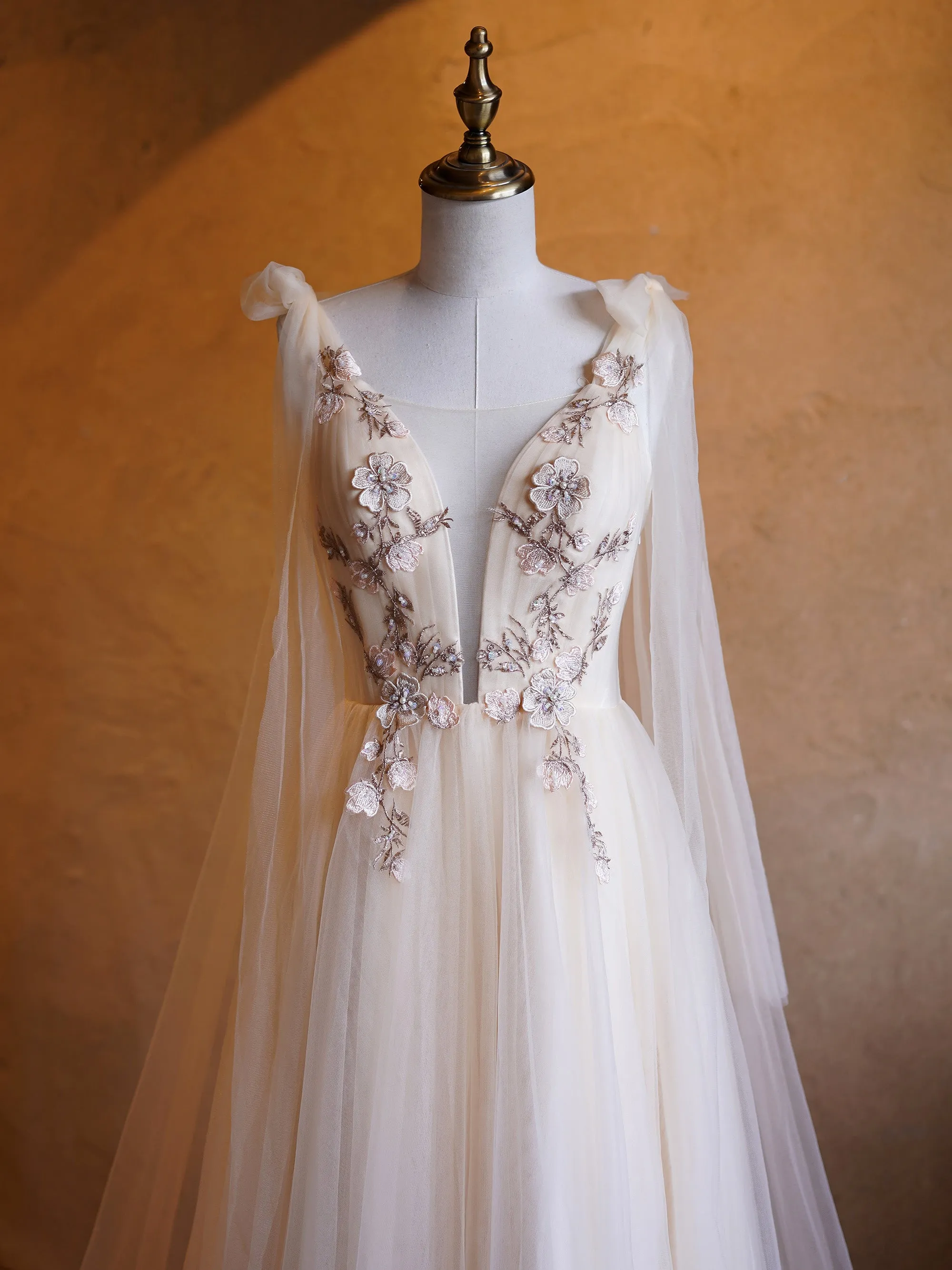 Roycebridal A-line Tulle Embroidery Deep-V Neck Floor-Length Prom Dresses
