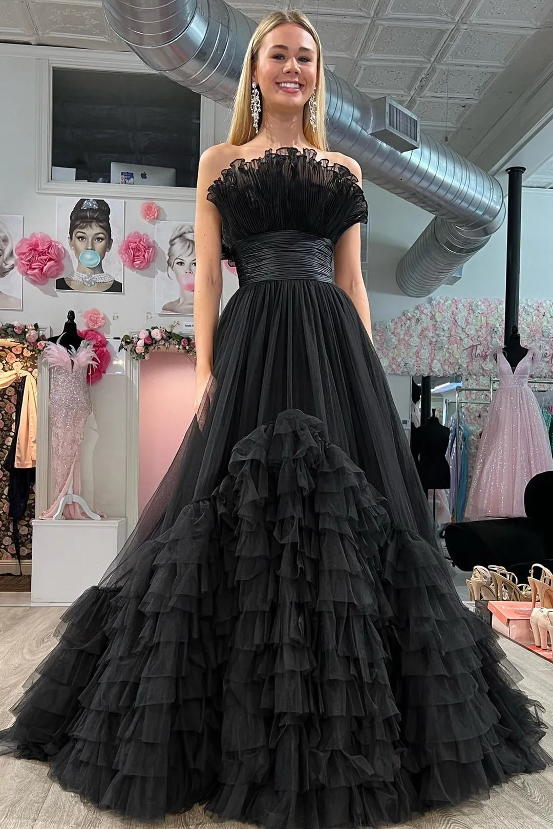 Roycebridal Alani |A-Line Strapless Pink Tiered Long Tulle Prom Dress