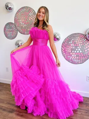 Roycebridal Alani |A-Line Strapless Pink Tiered Long Tulle Prom Dress