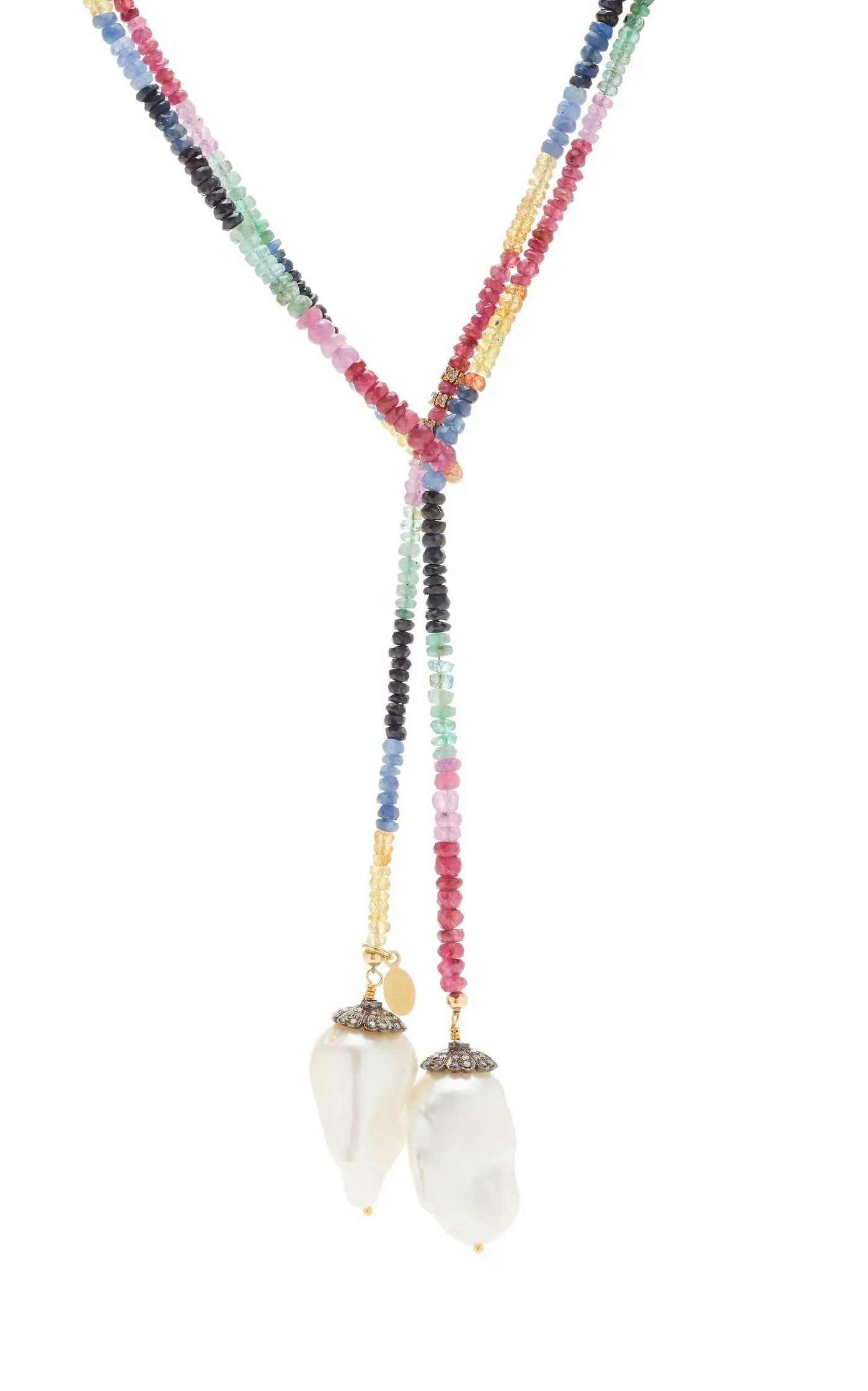 Ruby, Emerald, and Sapphire Baroque Pearl Classic Gemstone Lariat with Diamonds