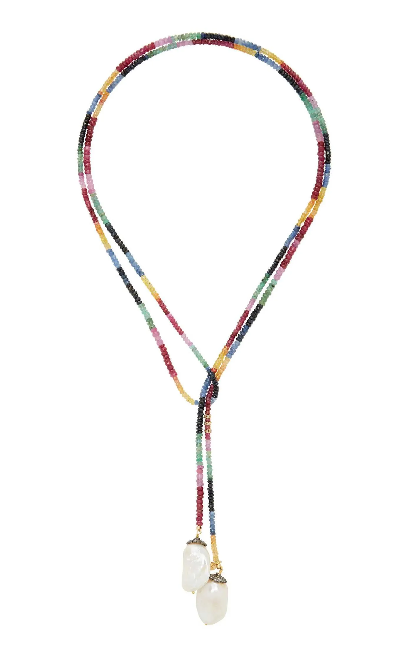 Ruby, Emerald, and Sapphire Baroque Pearl Classic Gemstone Lariat with Diamonds