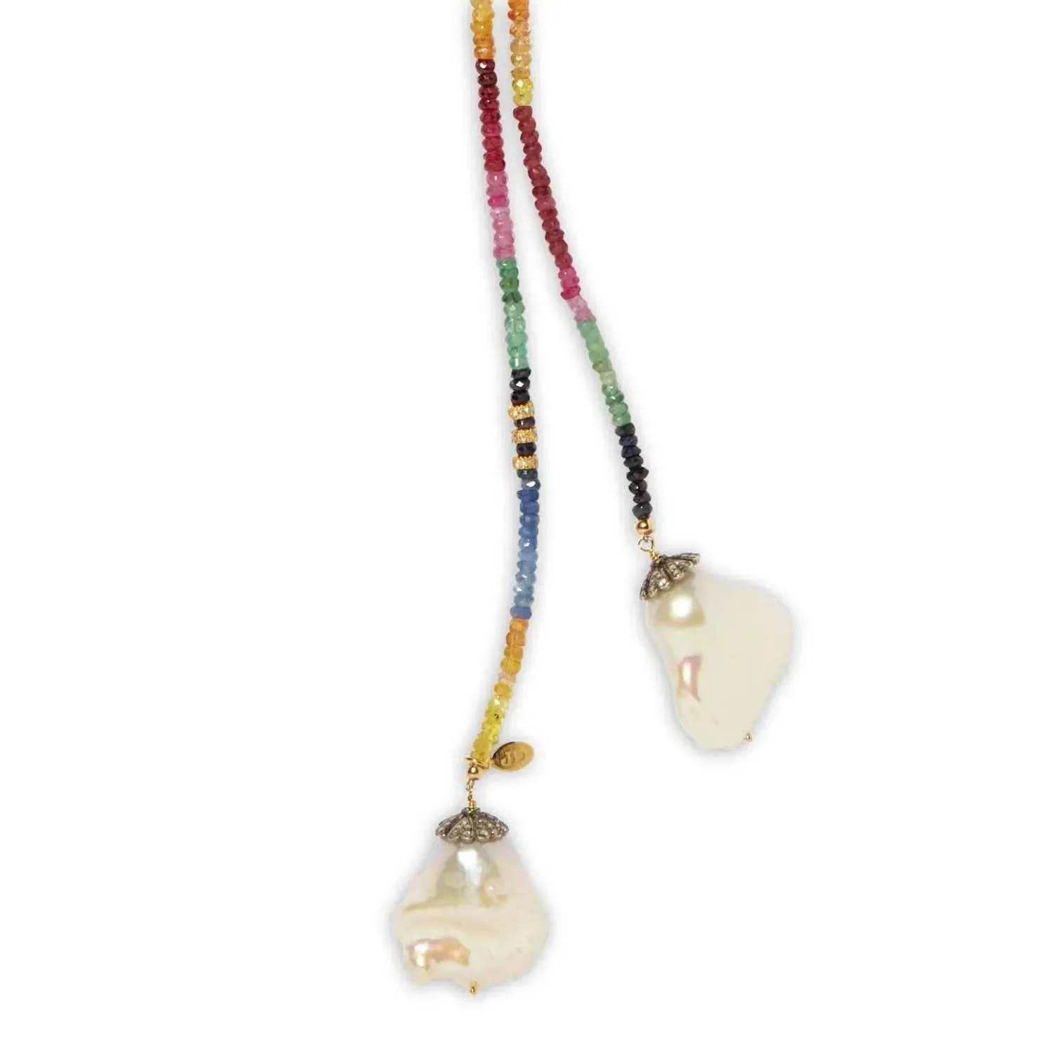 Ruby, Emerald, and Sapphire Baroque Pearl Classic Gemstone Lariat with Diamonds
