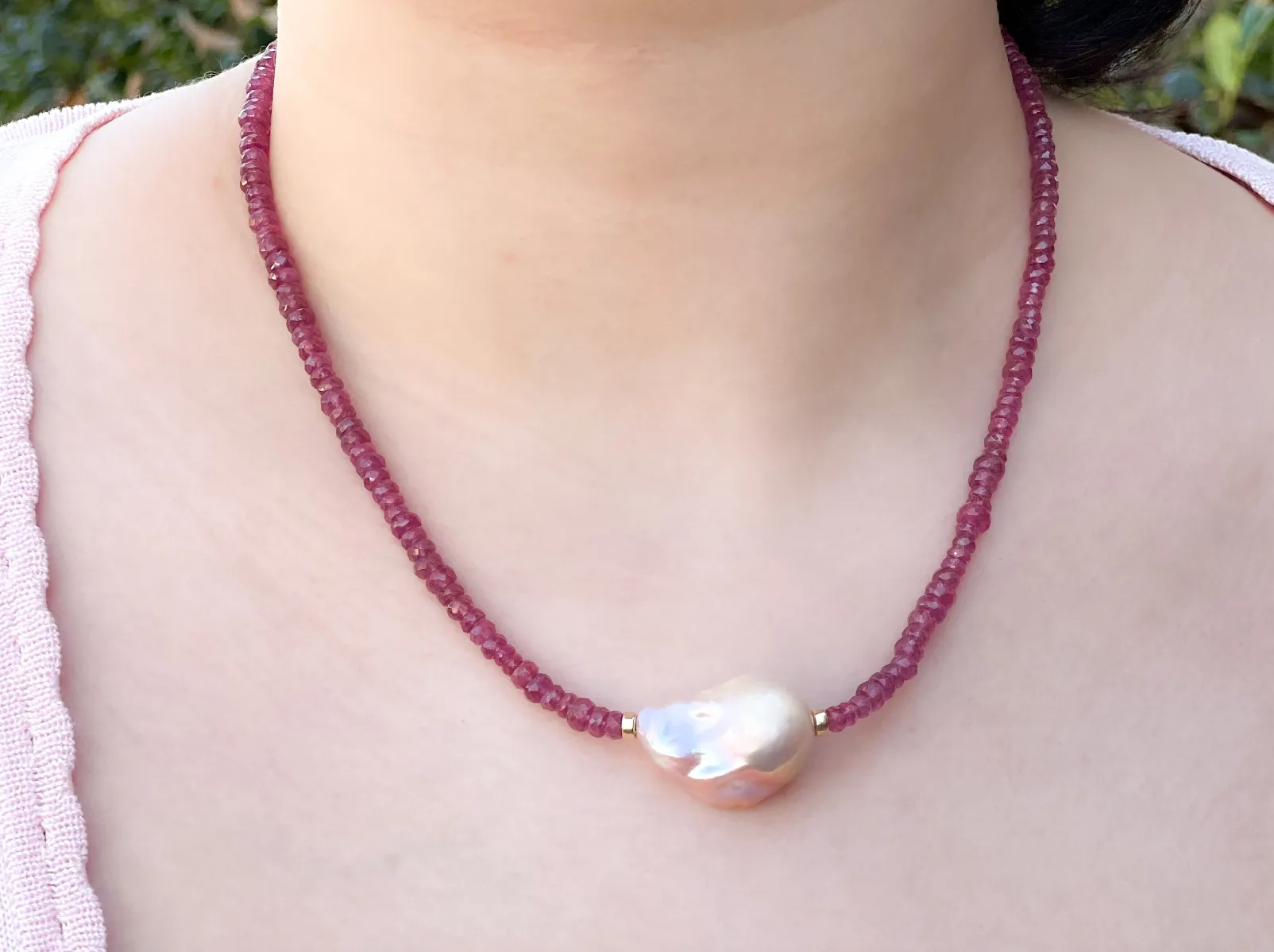 Ruby Necklace with Baroque Pearl Accent