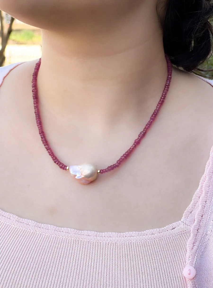 Ruby Necklace with Baroque Pearl Accent