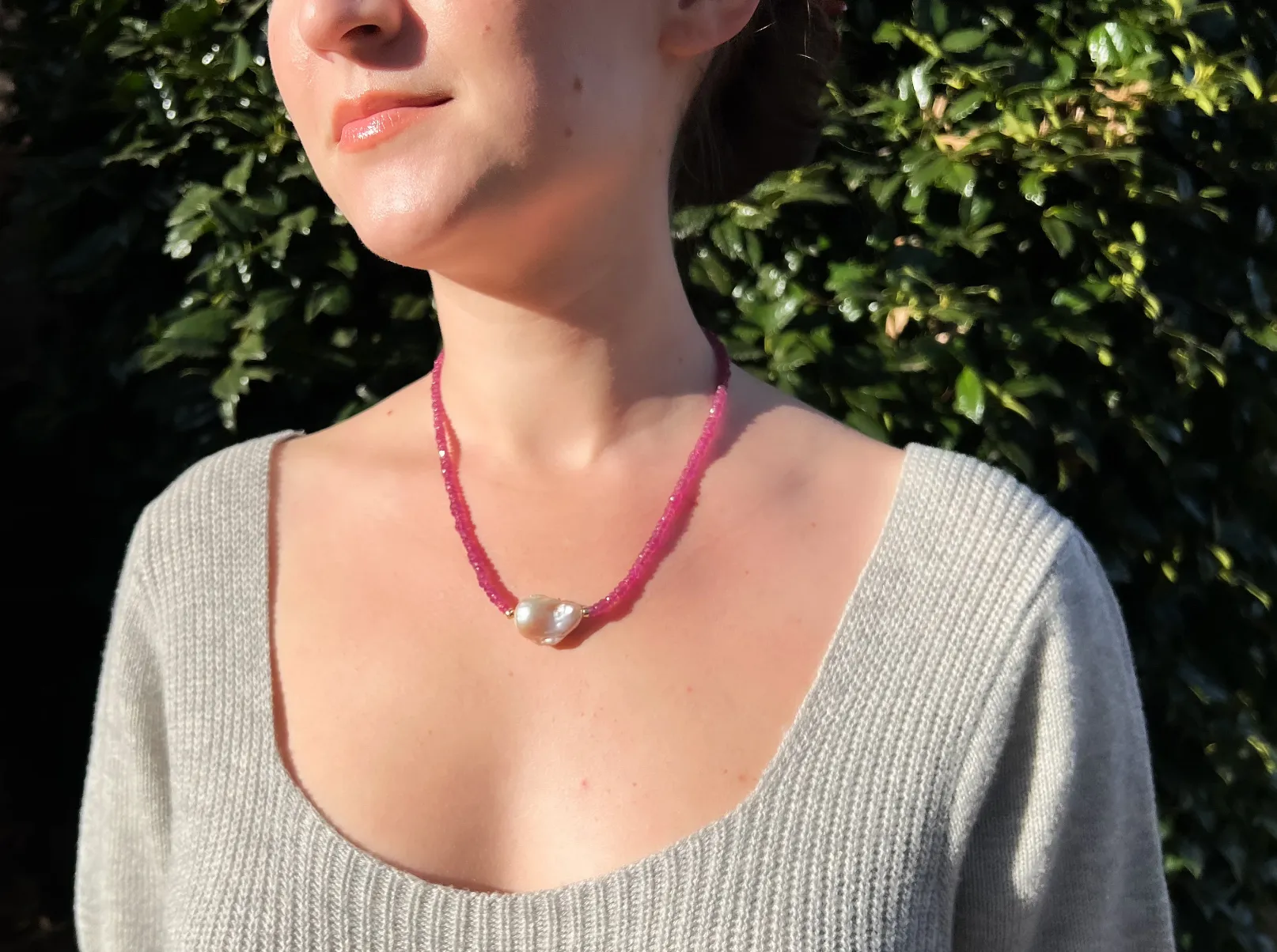 Ruby Necklace with Baroque Pearl Accent