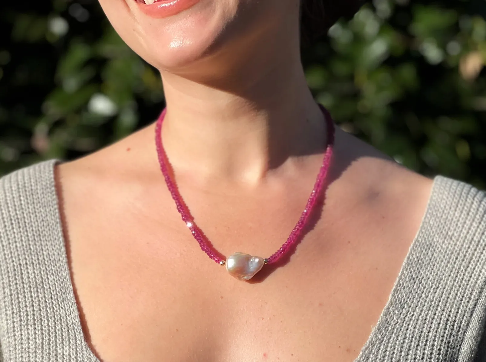Ruby Necklace with Baroque Pearl Accent