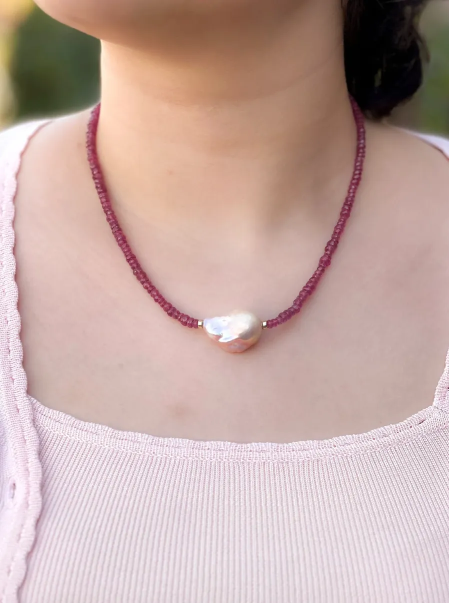 Ruby Necklace with Baroque Pearl Accent