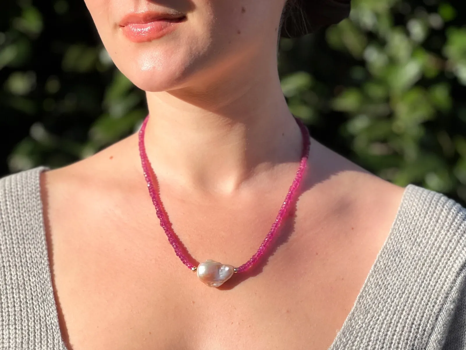 Ruby Necklace with Baroque Pearl Accent