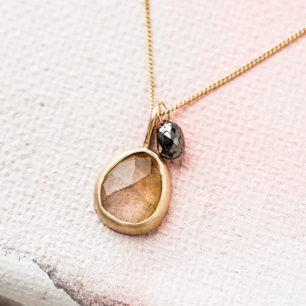 Rutilated Quartz Necklace with Black Diamond in 14k Gold