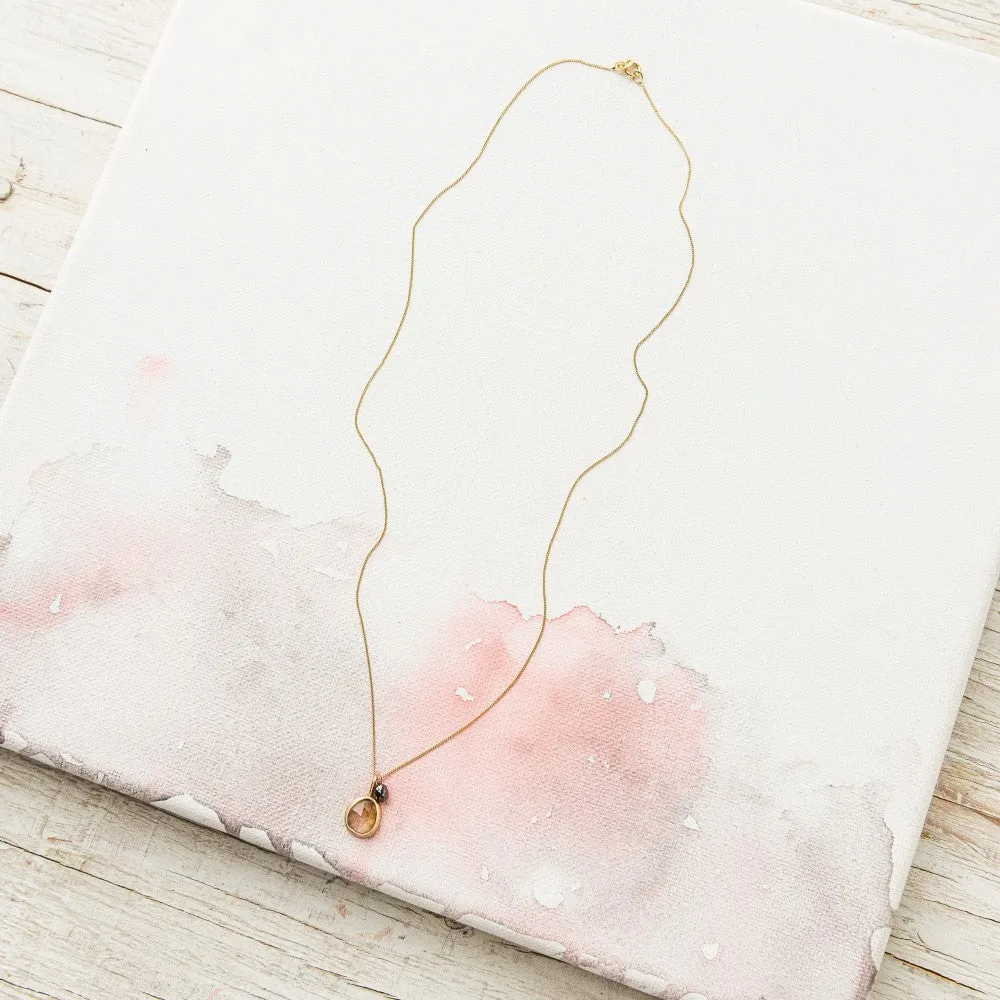 Rutilated Quartz Necklace with Black Diamond in 14k Gold