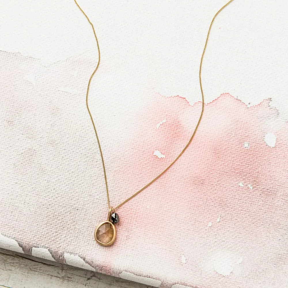 Rutilated Quartz Necklace with Black Diamond in 14k Gold