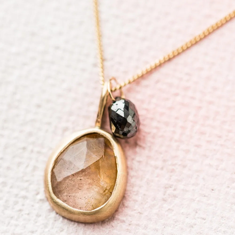 Rutilated Quartz Necklace with Black Diamond in 14k Gold