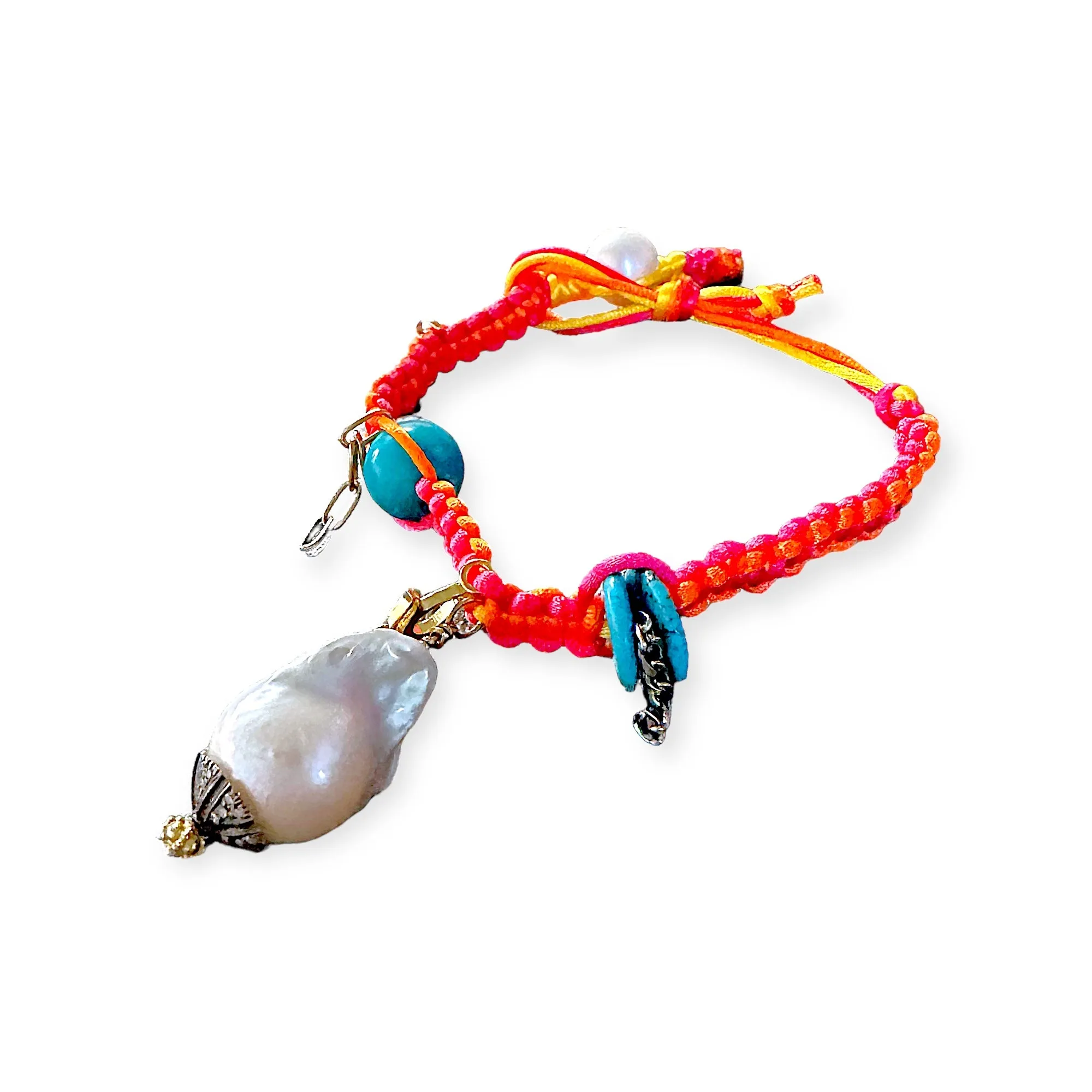 SANTORINI FLOWER DIAMOND BAROQUE PEARL GOLD CHAIN AND TURQUOISE SILK ROCKSTAR ANKLET