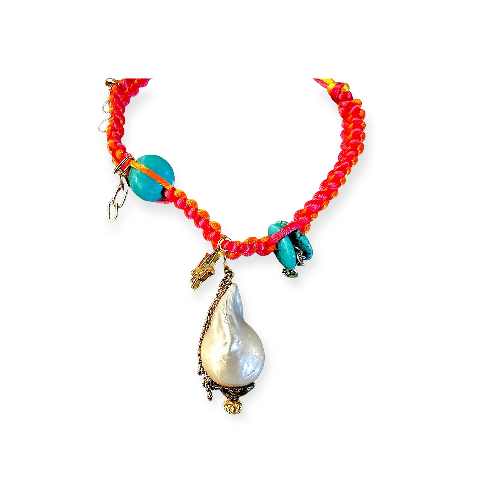 SANTORINI FLOWER DIAMOND BAROQUE PEARL GOLD CHAIN AND TURQUOISE SILK ROCKSTAR ANKLET