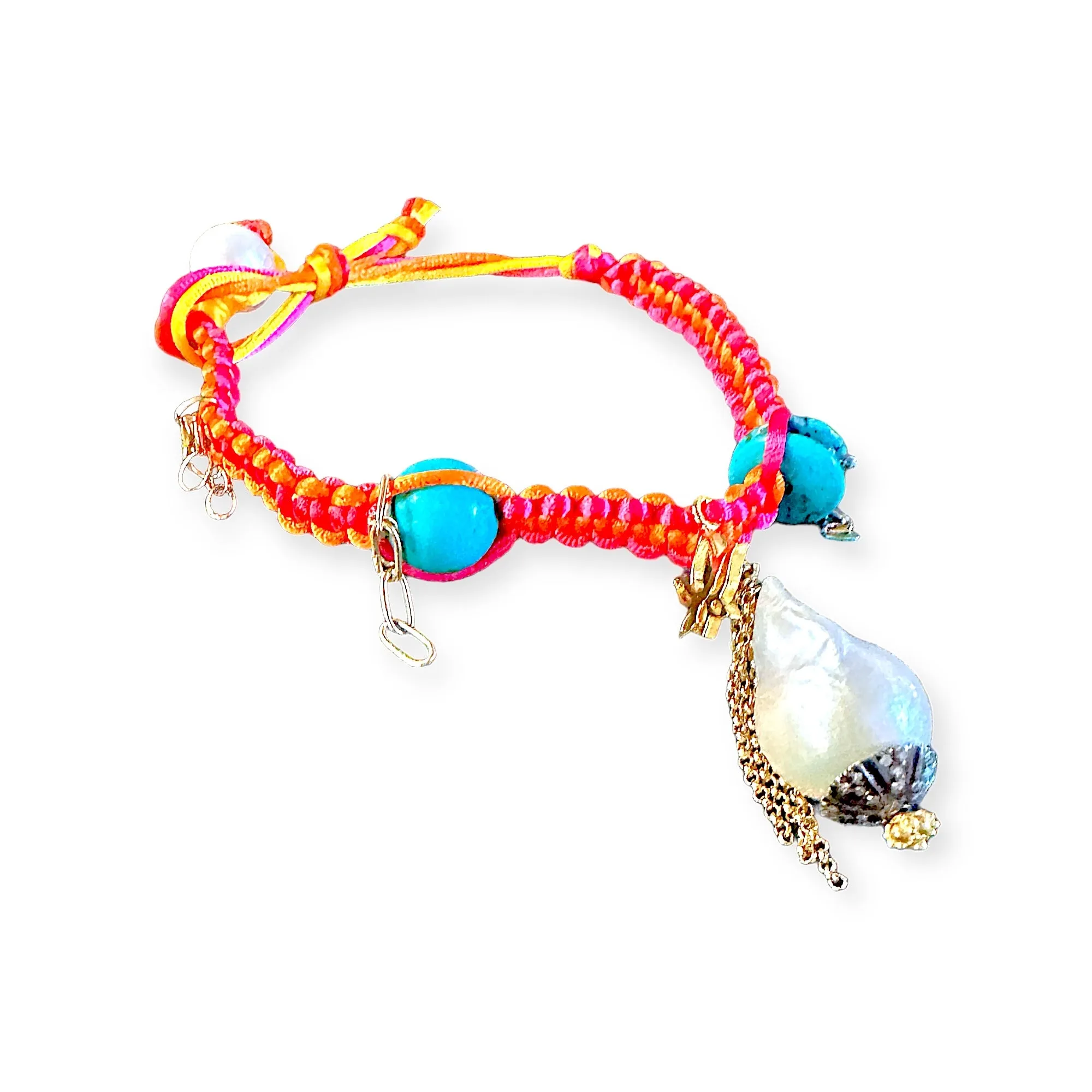 SANTORINI FLOWER DIAMOND BAROQUE PEARL GOLD CHAIN AND TURQUOISE SILK ROCKSTAR ANKLET