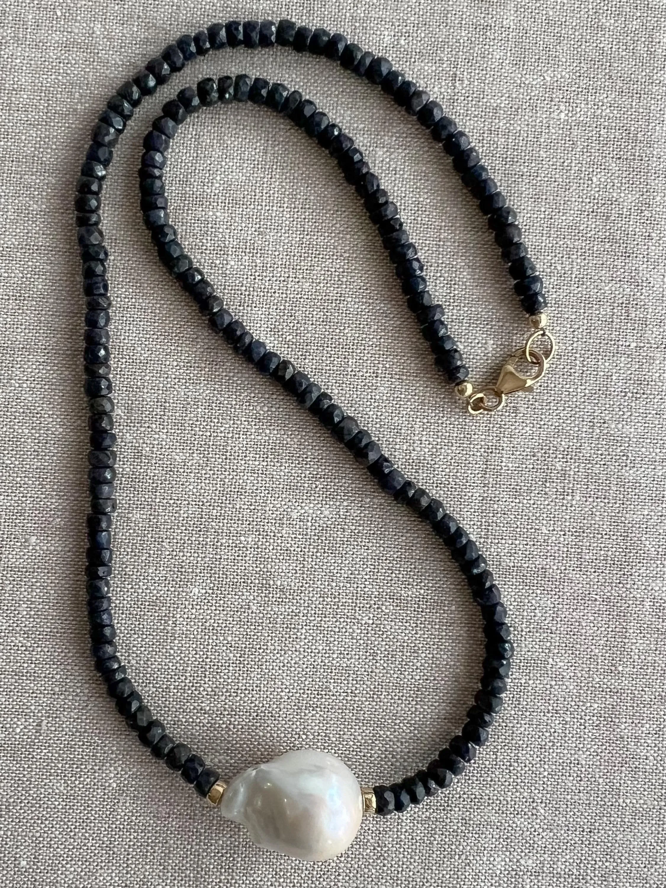 Sapphire Necklace with Baroque Pearl Accent, Gemstone Necklace, September Birthstone, Gift for Her, Boho Necklace, Timeless Necklace