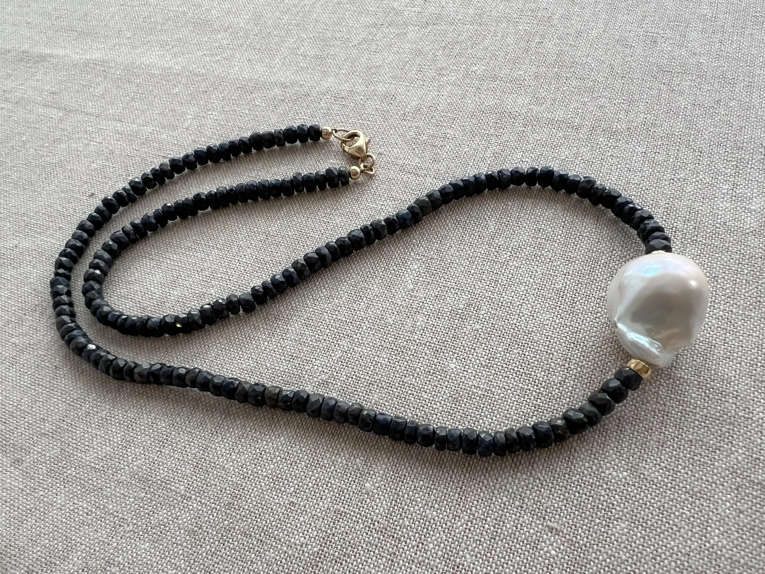 Sapphire Necklace with Baroque Pearl Accent, Gemstone Necklace, September Birthstone, Gift for Her, Boho Necklace, Timeless Necklace