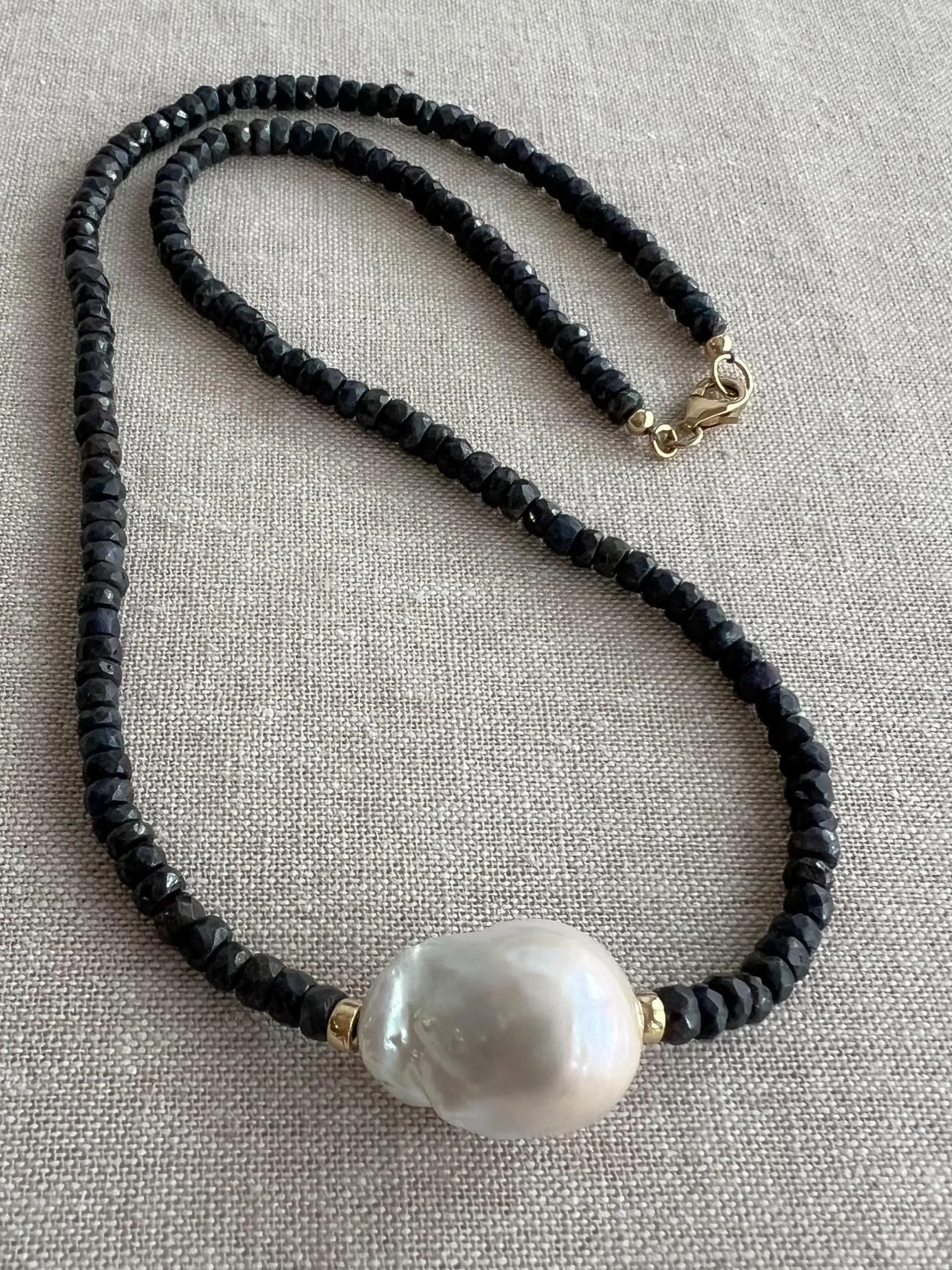 Sapphire Necklace with Baroque Pearl Accent, Gemstone Necklace, September Birthstone, Gift for Her, Boho Necklace, Timeless Necklace