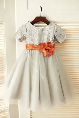 Short Sleeves Silver Sequin Gray Tulle Wedding Flower Girl Dress