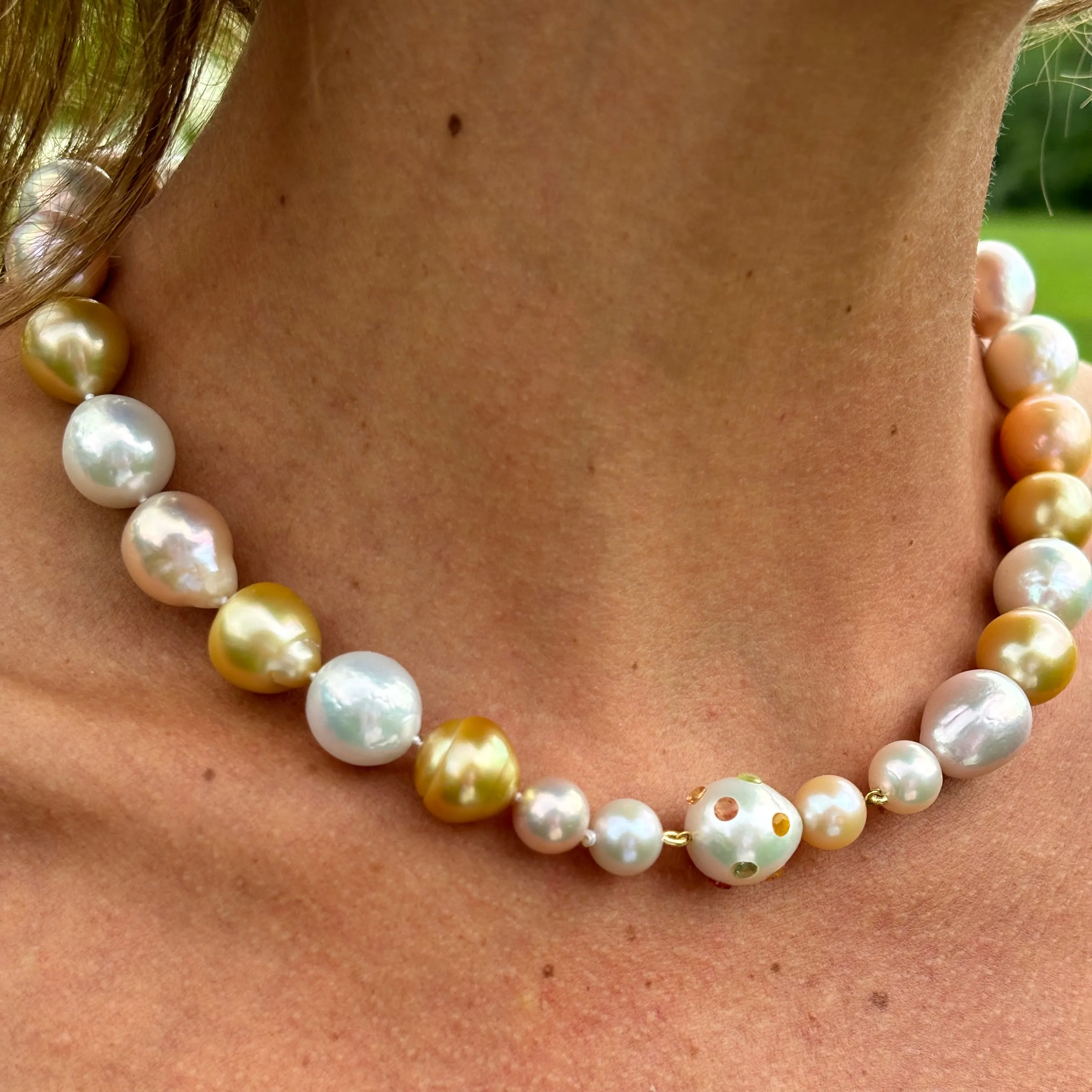 South Sea & Freshwater Baroque Pearl Necklace with South Sea Pearl & Sapphire Gemstone Clasp