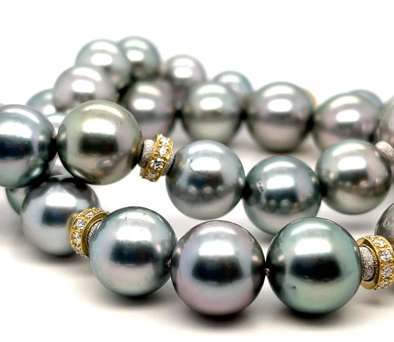 South Sea Pearl Necklace with 18k Yellow Gold and Diamond Rondels, 19 Inches