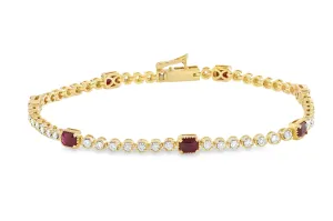 Station Step Cut Rectangular Color Stone And Diamond Tennis Bracelet