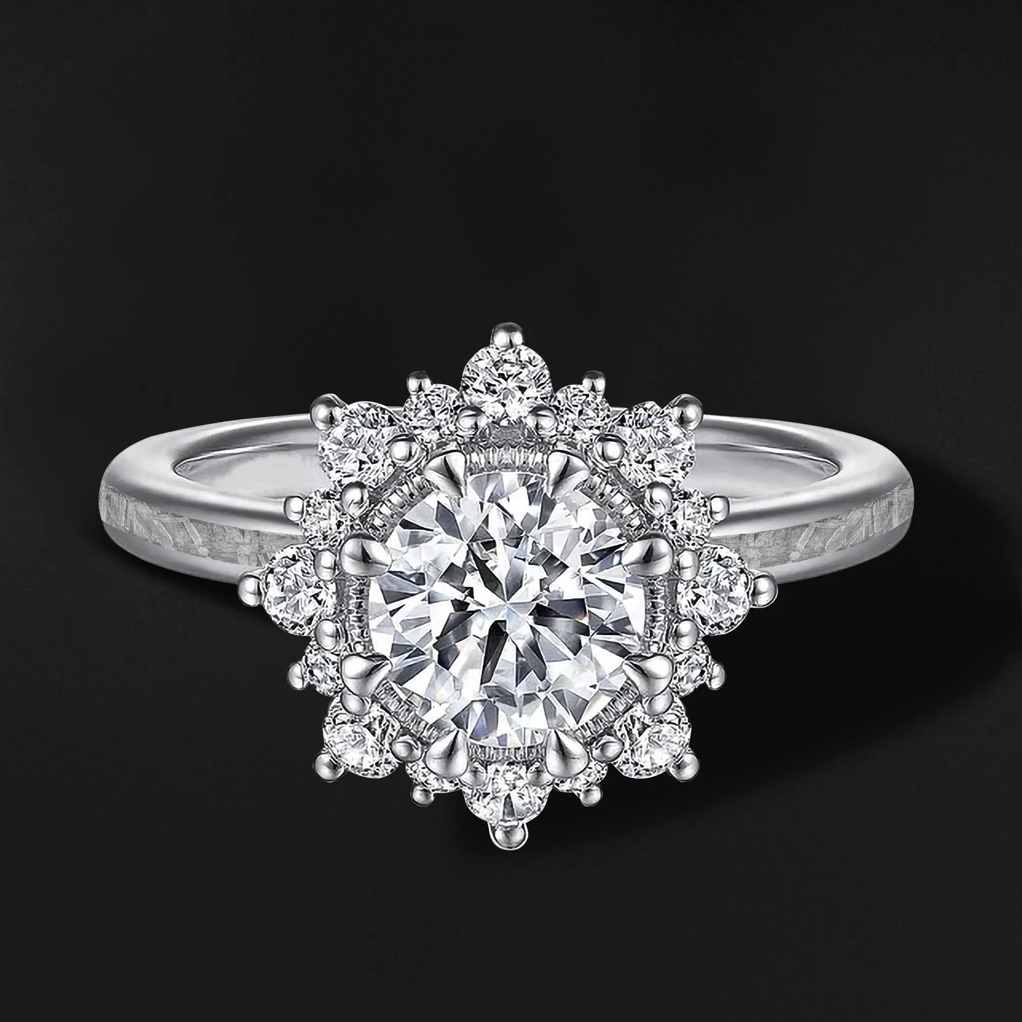 Stellar Bloom | 14K Gold Engagement Ring for Her | Brilliant Moissanite and Natural Meteorite