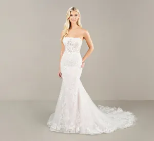 Strapless All Over Lace Wedding Gown In Ivory French Lilac