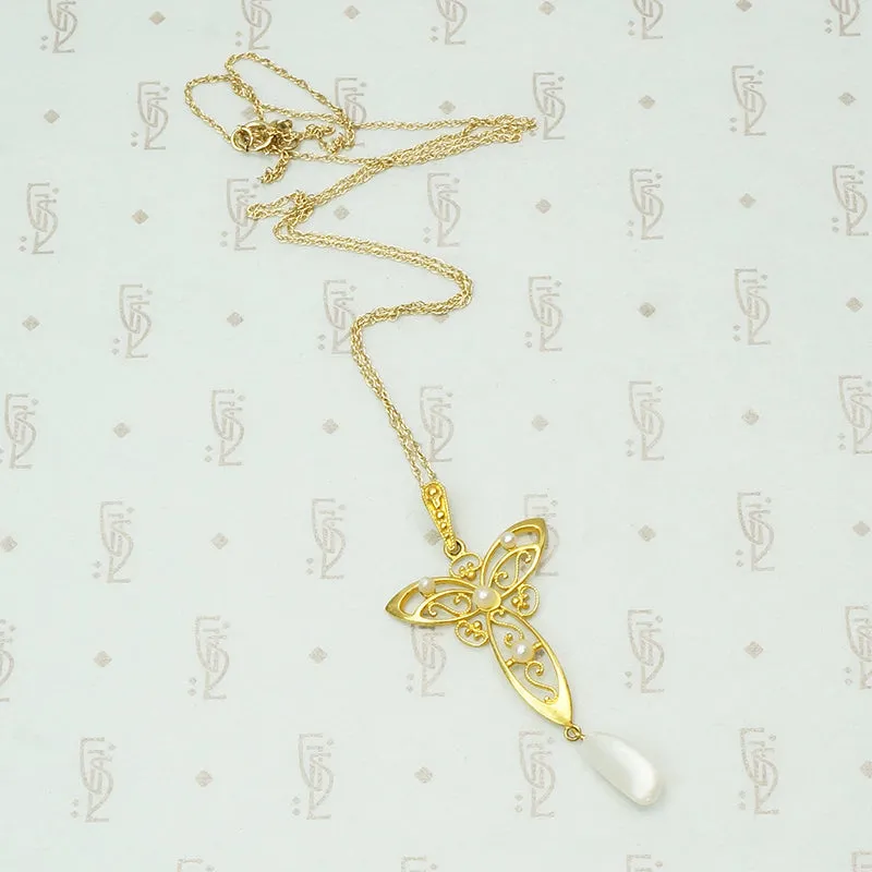 Stunning Krementz Gold & Pearl Lavalier Pendant