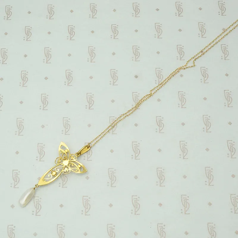 Stunning Krementz Gold & Pearl Lavalier Pendant