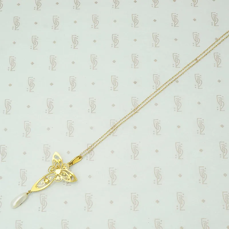 Stunning Krementz Gold & Pearl Lavalier Pendant