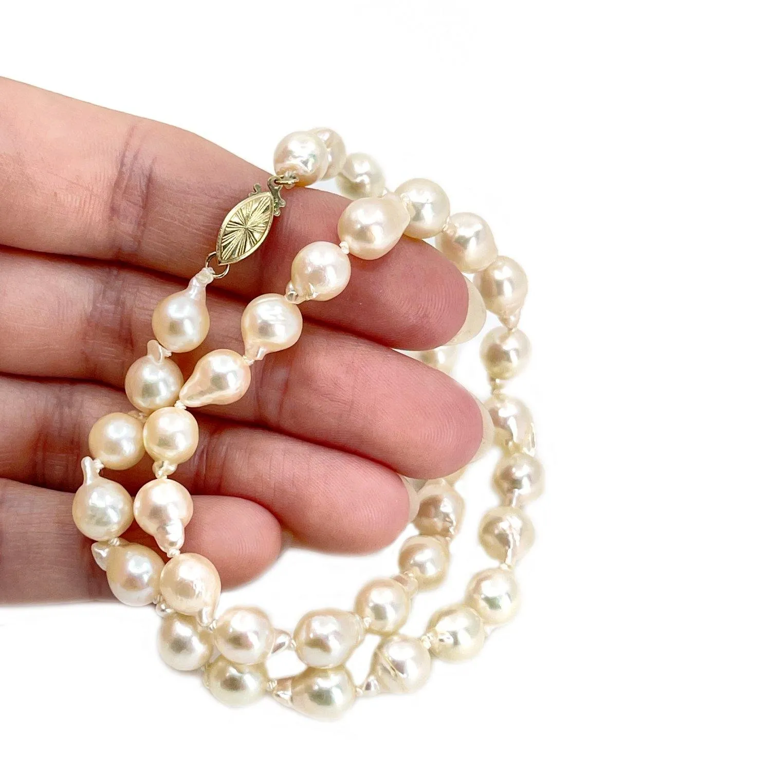 Sunburst Baroque Fire Ball Japanese Saltwater Cultured Akoya Pearl Strand - 14K Yellow Gold 15.50 Inch