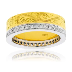 Textured Yellow Gold & Round Diamond Ring