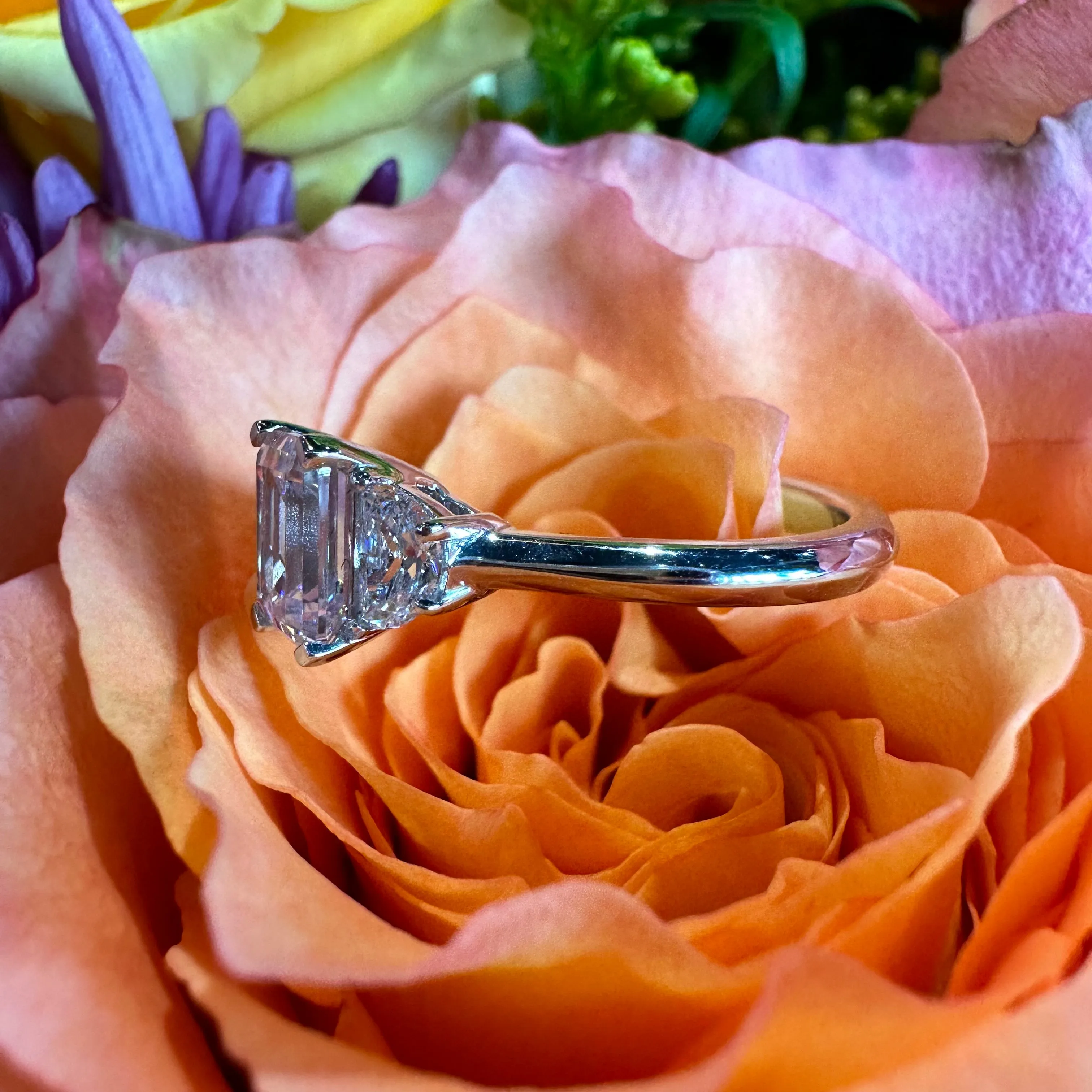 Three Stone Half Moon Semi Mount 14K White Gold Engagement Ring
