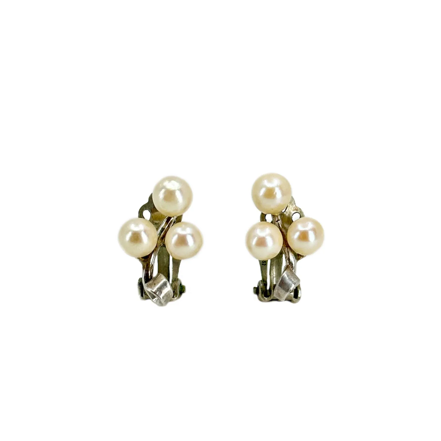 Triple Clip Vintage Akoya Saltwater Cultured Pearl Earrings- Sterling Silver Sm