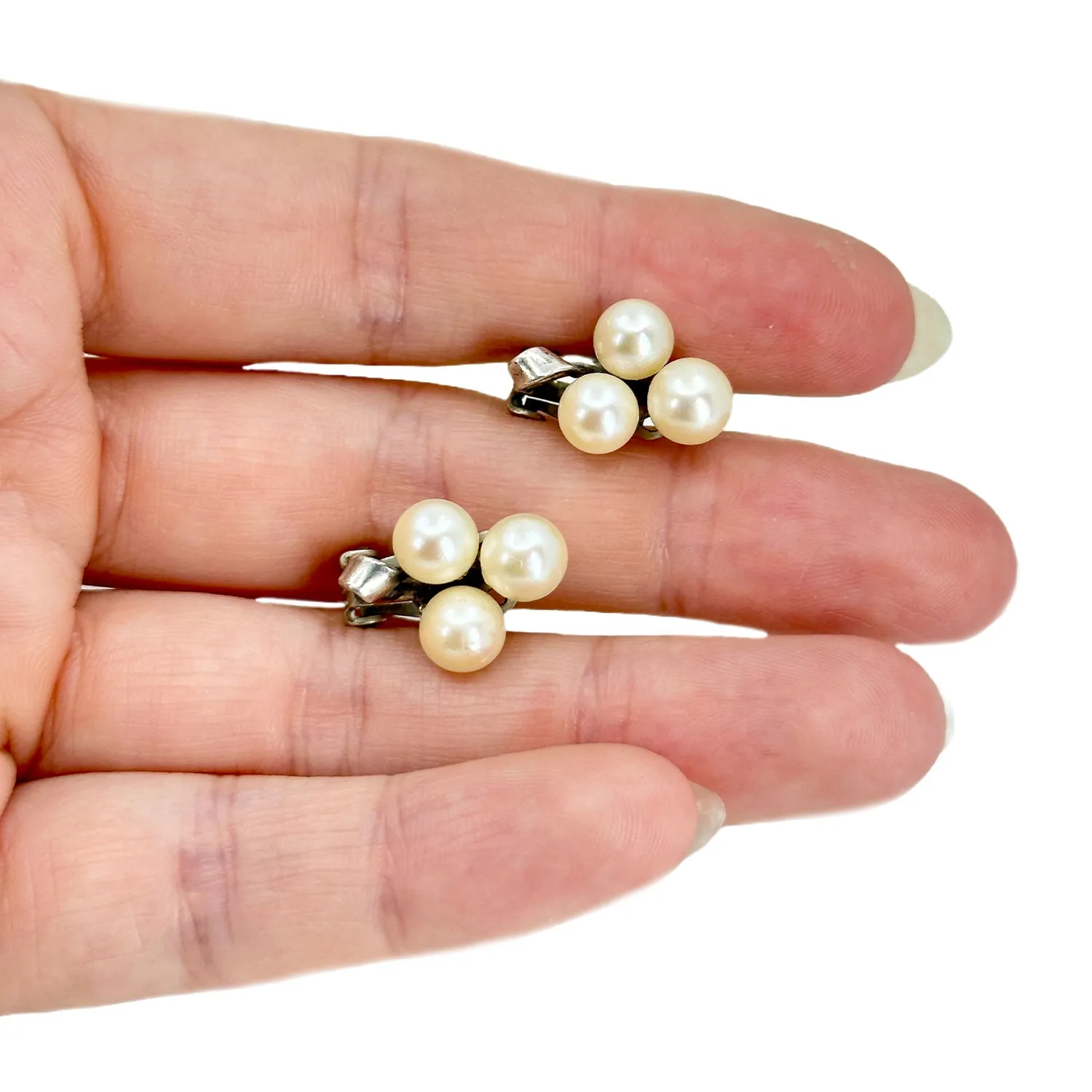 Triple Clip Vintage Akoya Saltwater Cultured Pearl Earrings- Sterling Silver