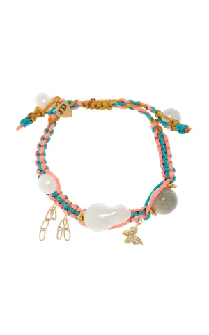 TROPICAL MERMAID BAROQUE PEARL GOLD LUCKY CHARM AND CHAIN SILK ROCKER BRACELET