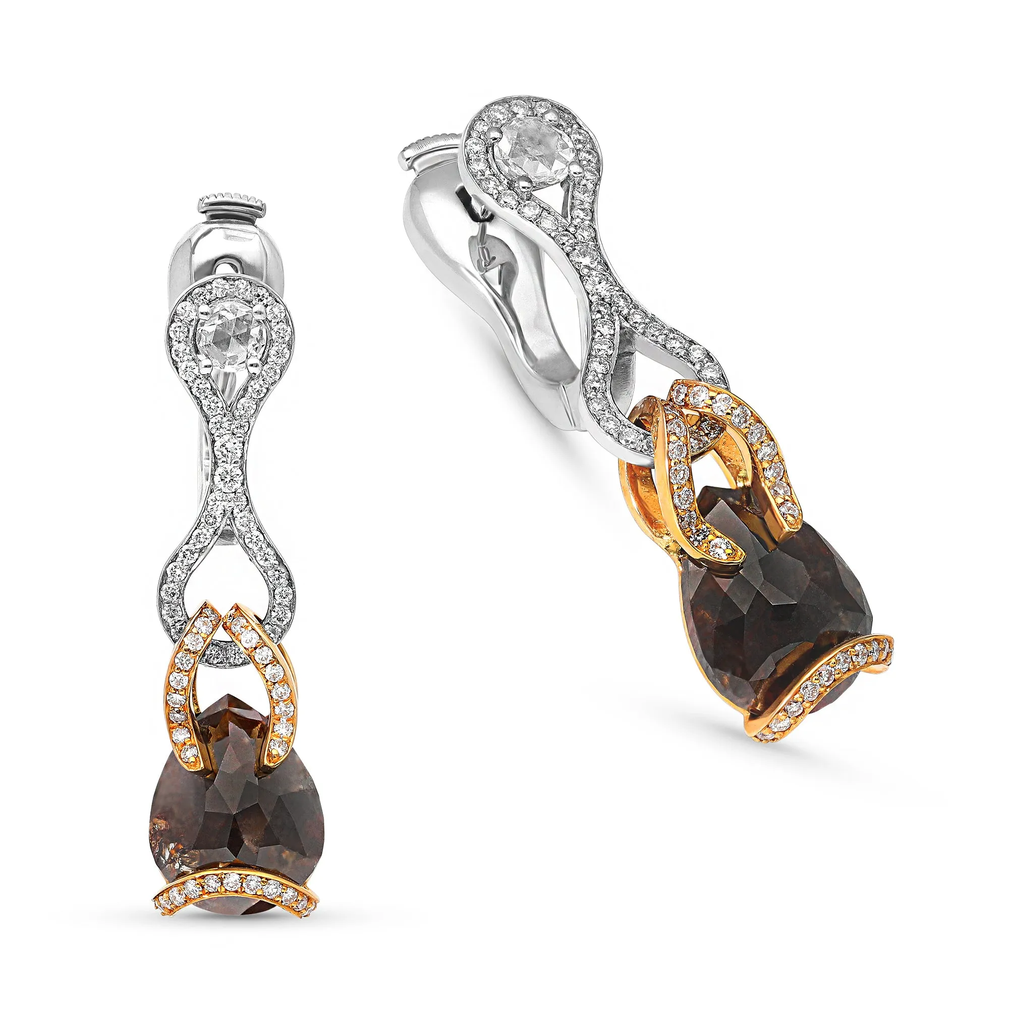 Two Tone Brown Pear Shape and Diamond Dangle Earring - 4.5 Carat