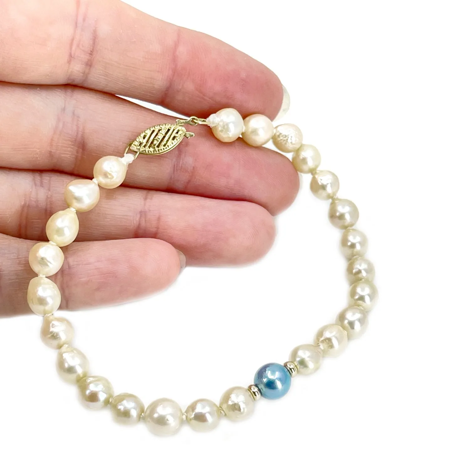 Two Tone Japanese White & Blue Saltwater Akoya Cultured Pearl Vintage Bracelet- 14K Yellow Gold