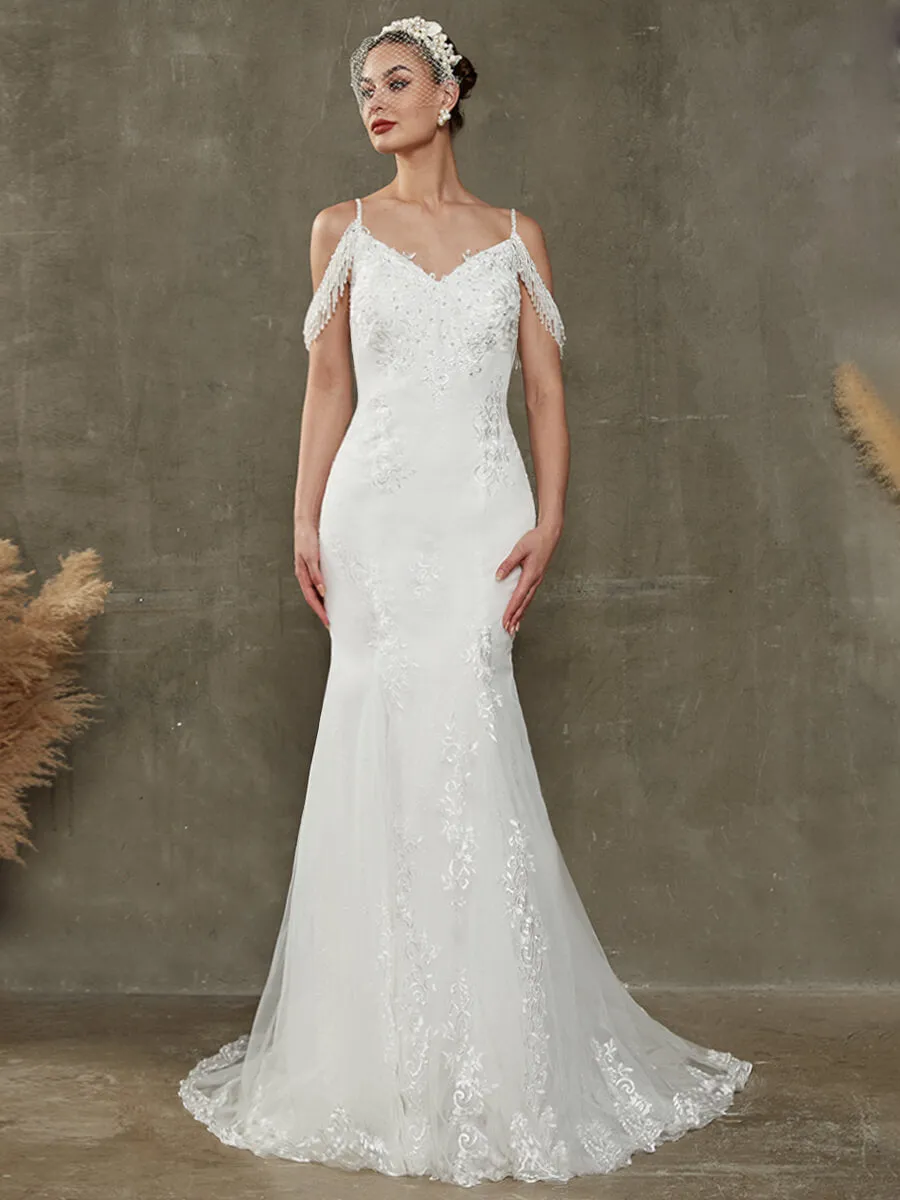 V-Neck Tassel Sleeve Tulle Lace Mermaid Wedding Gown With Chapel Train