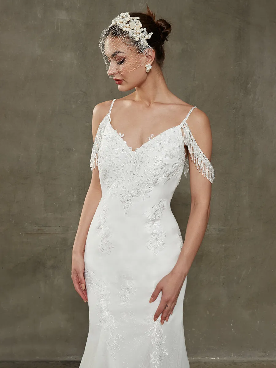 V-Neck Tassel Sleeve Tulle Lace Mermaid Wedding Gown With Chapel Train
