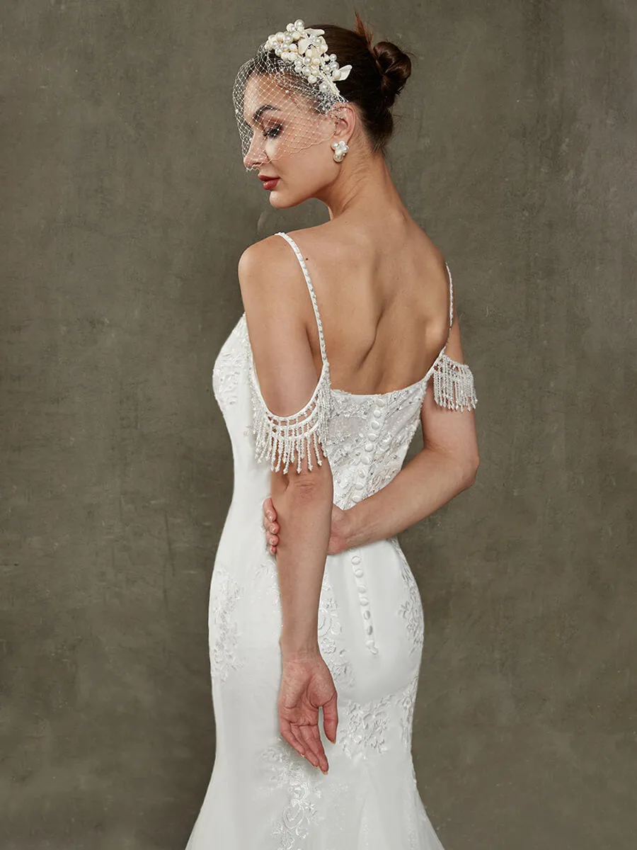 V-Neck Tassel Sleeve Tulle Lace Mermaid Wedding Gown With Chapel Train