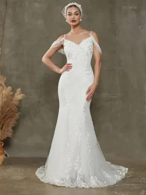 V-Neck Tassel Sleeve Tulle Lace Mermaid Wedding Gown With Chapel Train