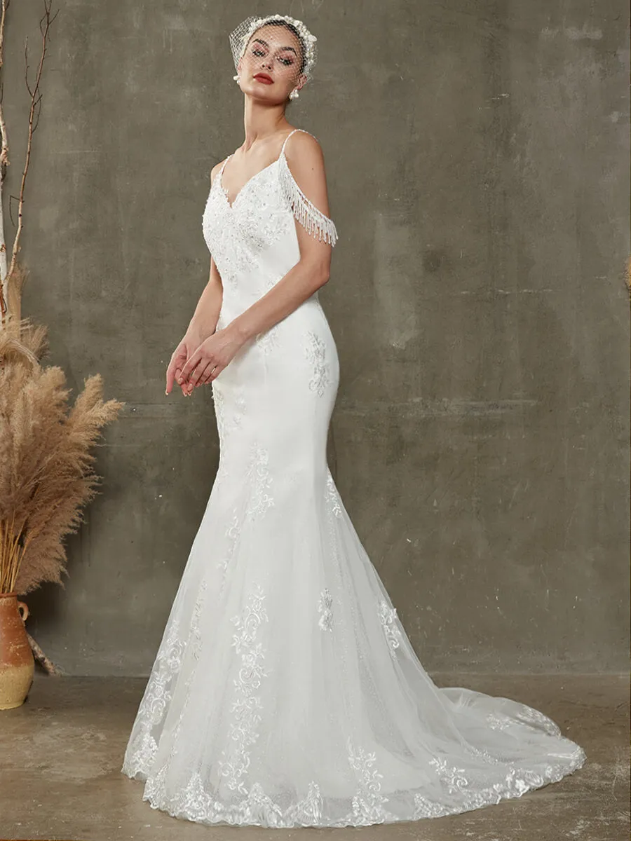 V-Neck Tassel Sleeve Tulle Lace Mermaid Wedding Gown With Chapel Train